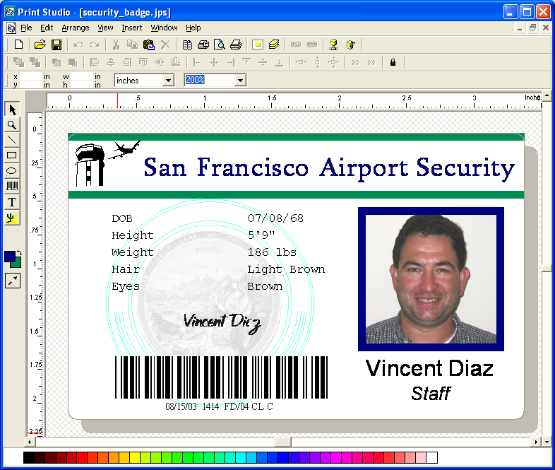 Print Studio photo ID card software includes over 2500 templates. Add barcodes (CODE-39, CODE-128 etc.) to badges, print on both sides, connect to any database (ODBC). Print to laser, inkjet, and special PVC card printers.